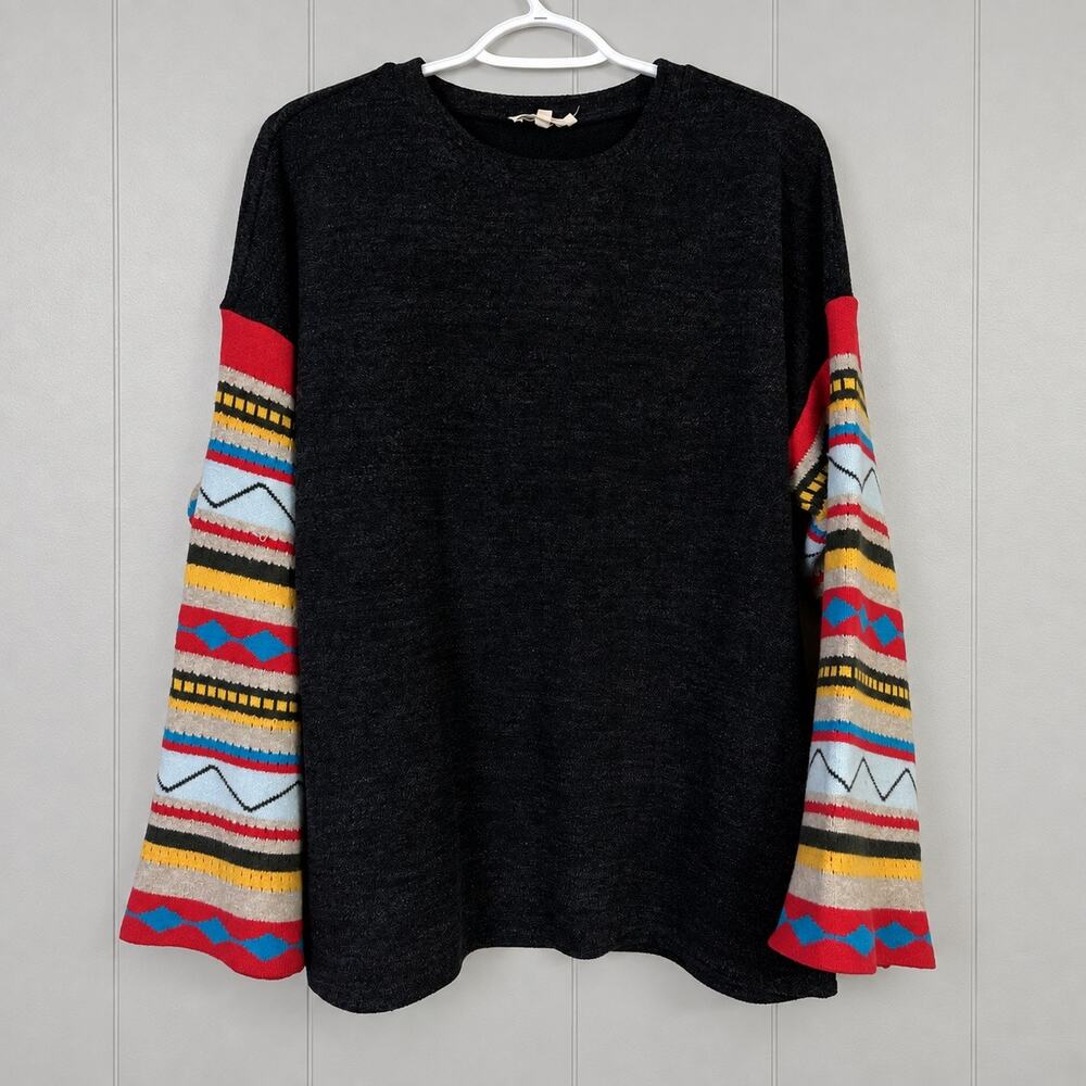 Women's M/L Pullover Sweater Charcoal Colorful Aztec Bell Sleeve Promesa